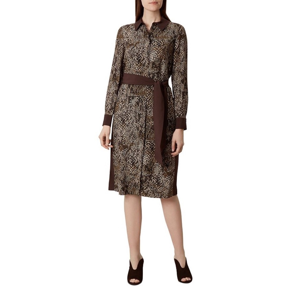 HOBBS London Lola Brown Snake Animal Print Long Sleeve Shirt Dress Size US 6